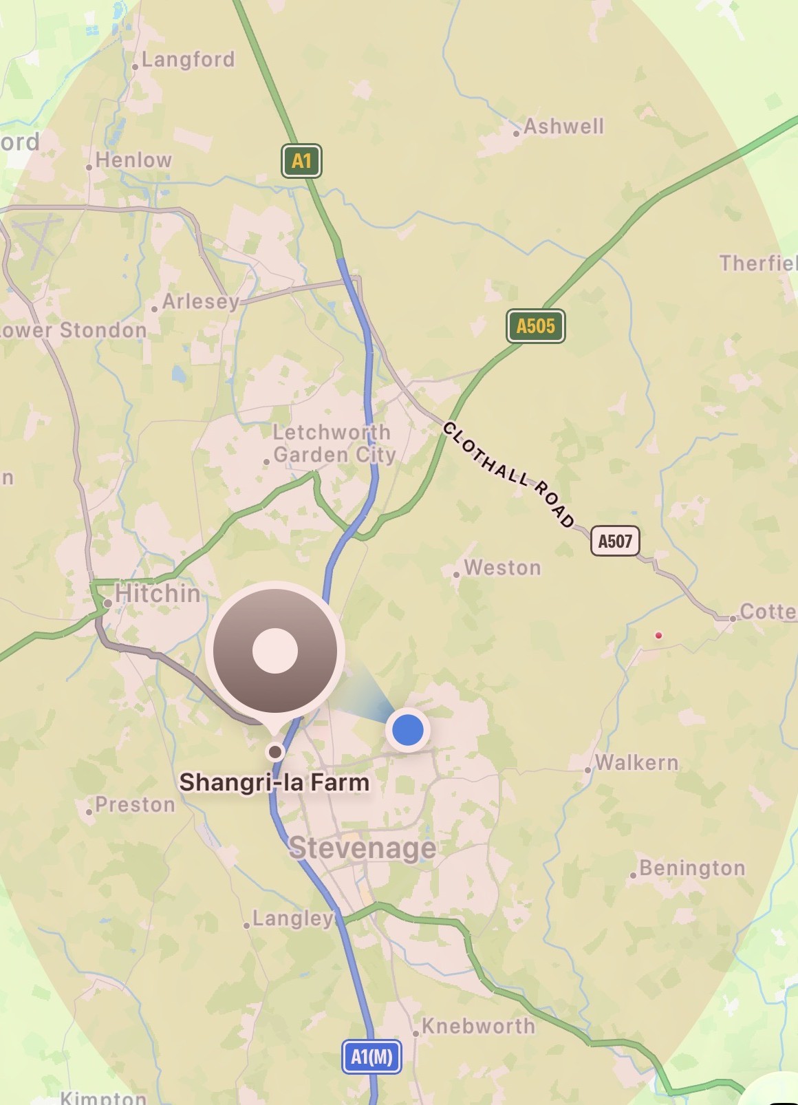 Map showing the Land Shuttle base near Stevenage and the surrounding Hertfordshire service area